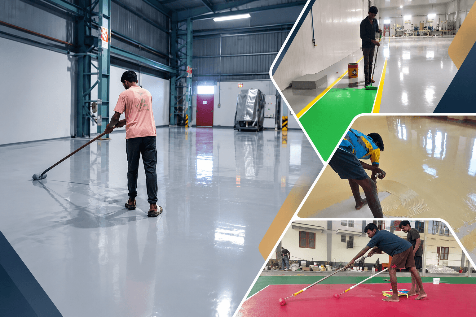 Four Chelliah Enterprises epoxy projects: an applicator spreading grey epoxy across a plant floor, a green floor with yellow safety lines being coated in a production hall, a cream self-levelling epoxy being worked with a notched trowel, and a red outdoor sports surface being rolled.