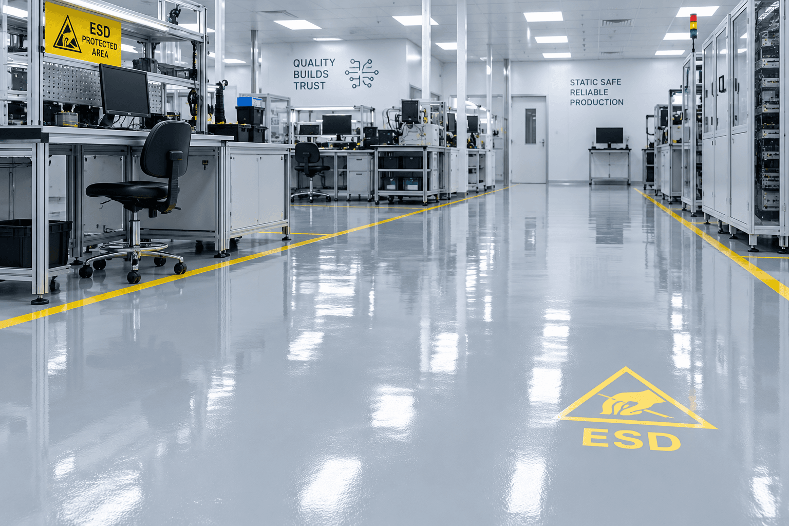 A grey conductive ESD floor running the length of an electronics assembly area, marked with yellow demarcation lines and an ESD warning triangle, with anti-static workbenches and an "ESD protected area" sign along the left-hand side.