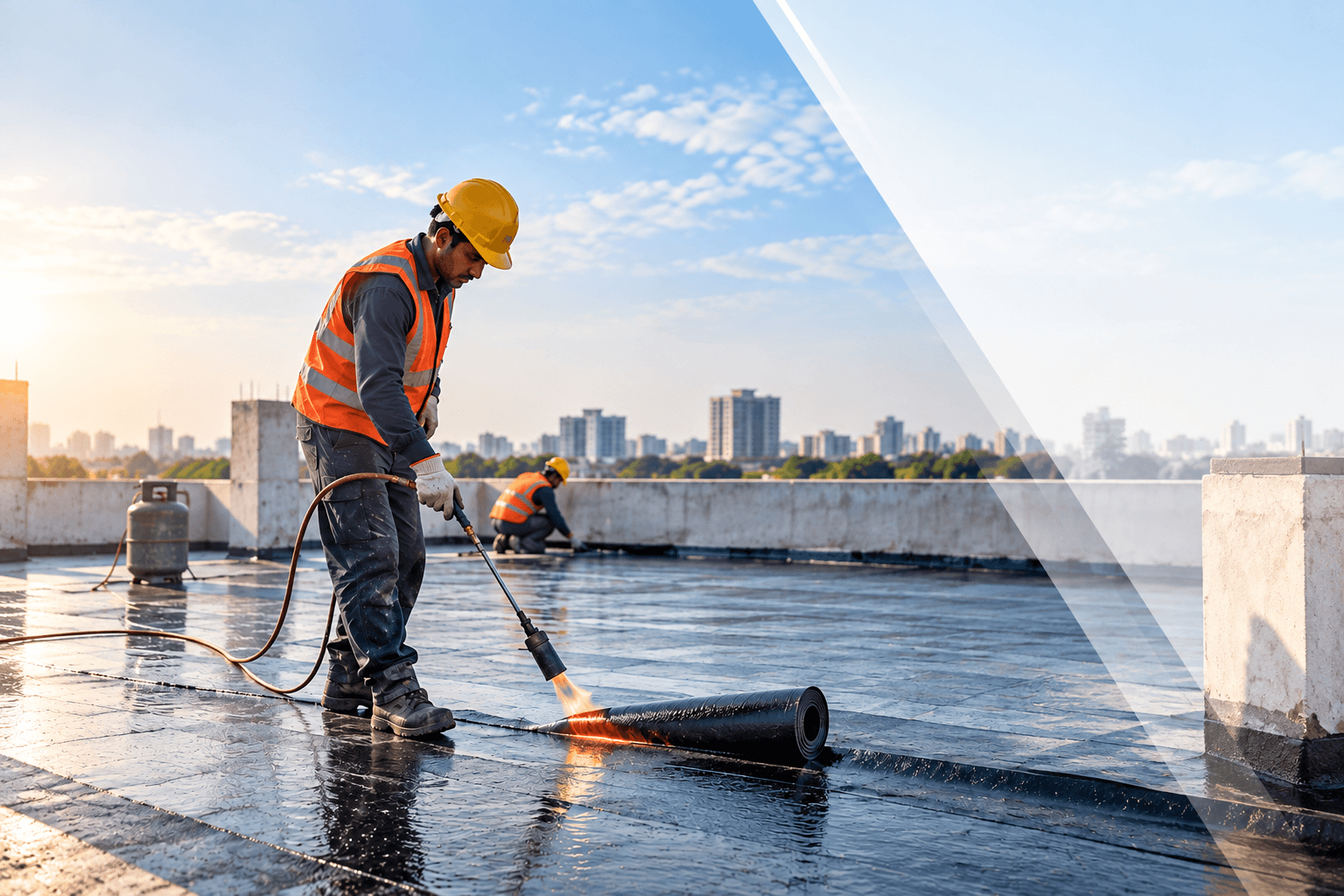 A worker torch-applying an APP bitumen membrane along a rooftop slab, the roll part-laid ahead of him and a second operative bedding down an earlier run further along the roof.