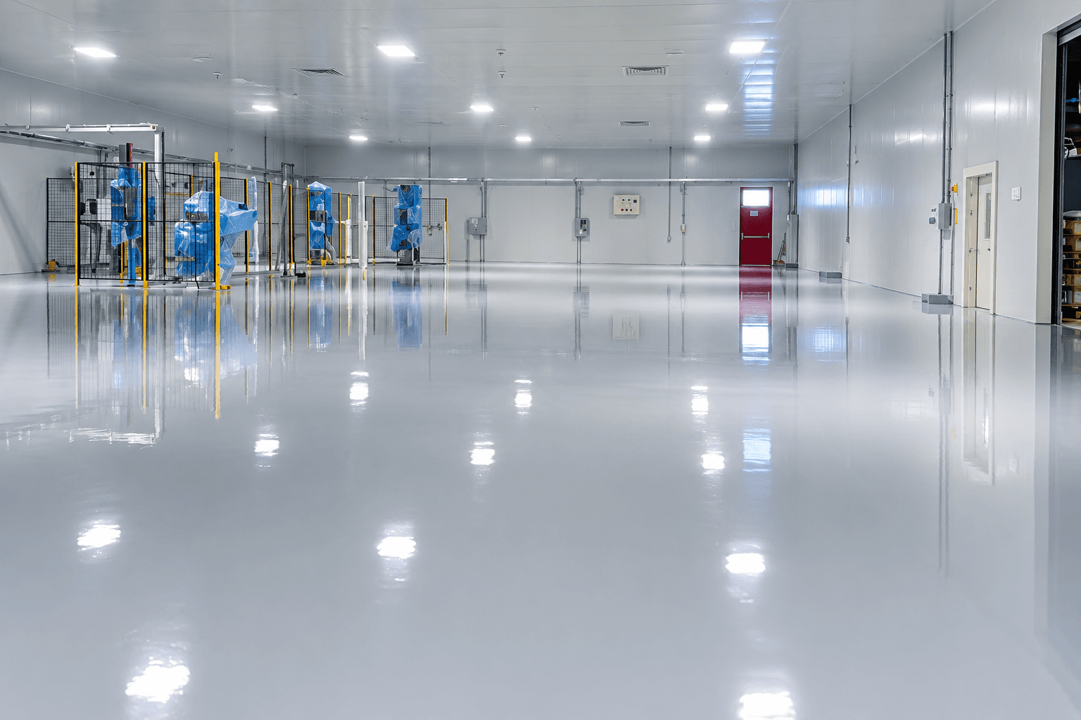 A seamless light-grey resin floor running the length of a clean processing hall, its gloss surface reflecting the ceiling lights, with guarded machinery wrapped in protective sheeting along one wall.