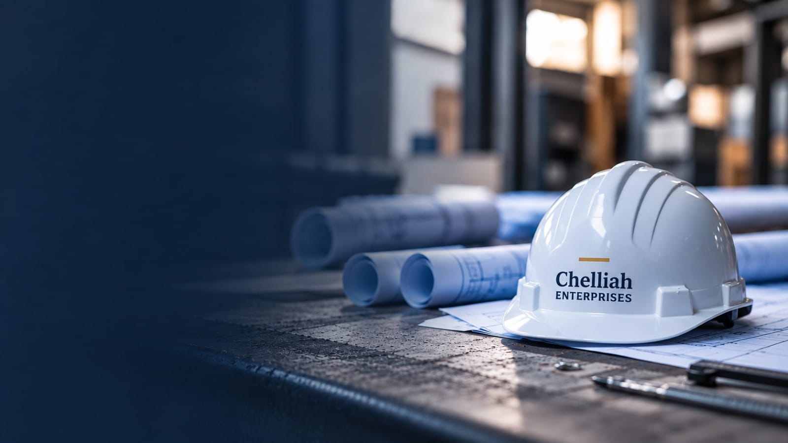 A white hard hat printed with the Chelliah Enterprises name resting on rolled architectural drawings on a workbench, with the interior of a building under construction out of focus behind it.