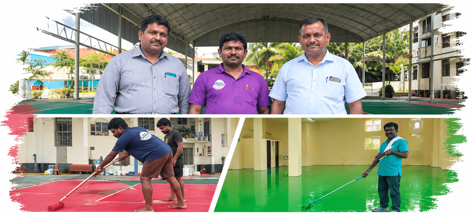 Three panels: three men standing together on a covered sports court finished in green and red coating; two men rolling red sports floor coating across a hall; and a man rolling green floor coating across a room in a bare building.