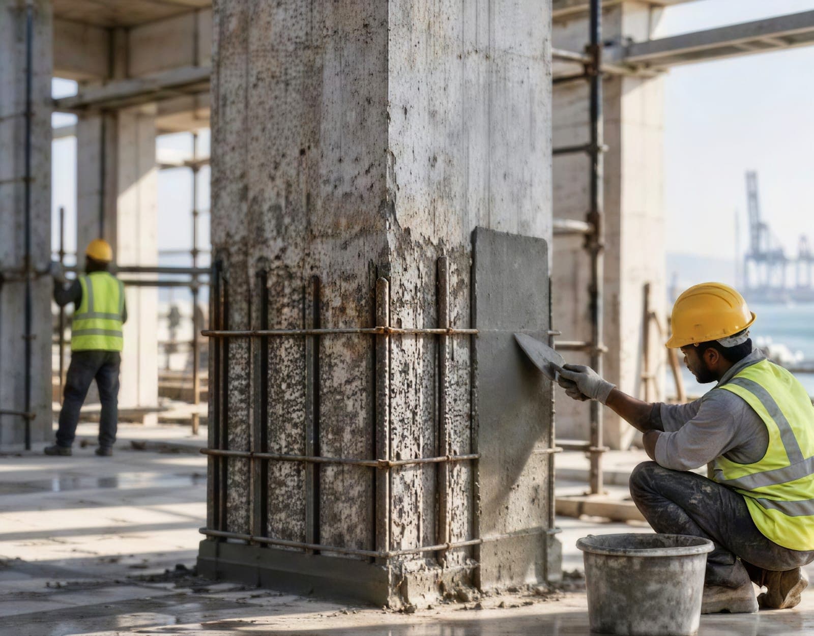 A worker in hi-vis and a hard hat applying repair render to an RCC column with exposed reinforcement, on a construction site with a crane in the background.