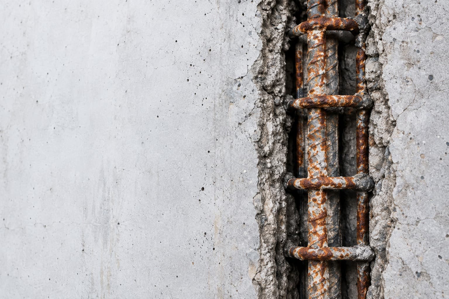 A close view of a structural crack in a concrete column opened up to expose rusted reinforcement bars, ready for repair.