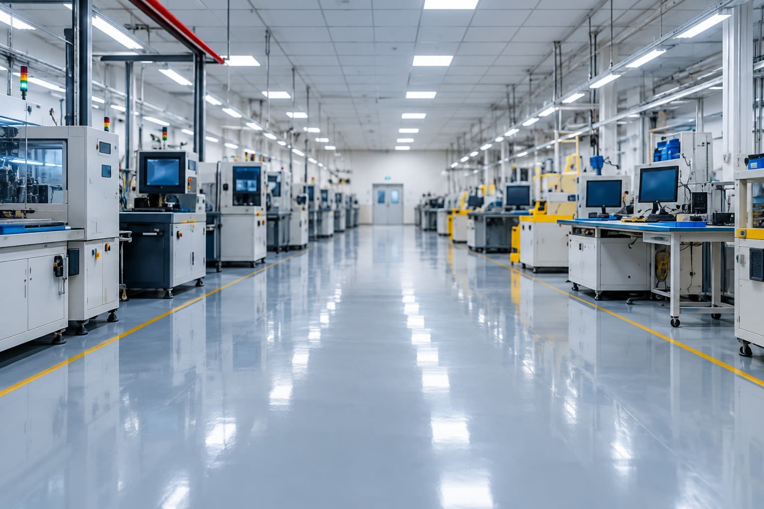A finished light grey ESD floor with yellow demarcation lines running down an electronics assembly line, past workstations with monitors on either side.