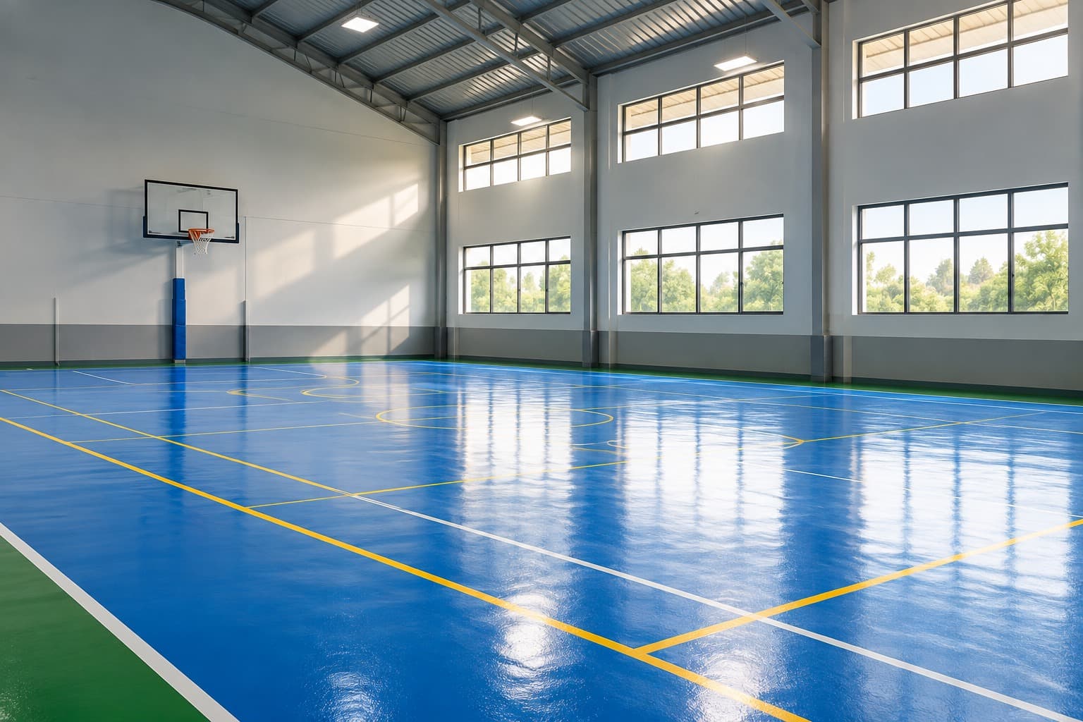 A finished indoor sports court with blue coating, yellow and white multi-sport line marking, and a basketball hoop against one wall.