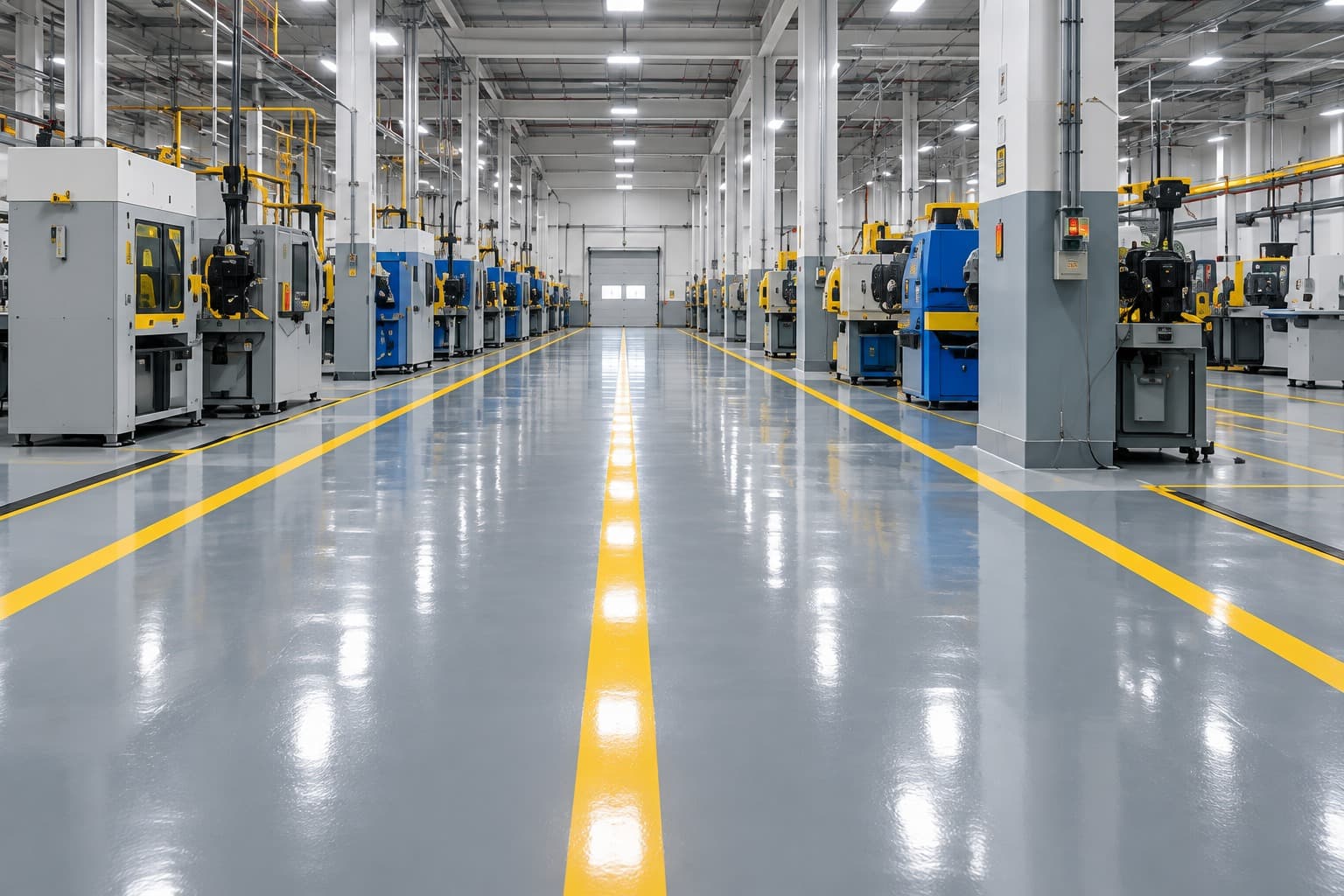 A finished grey epoxy floor with yellow line marking down the centre of an aisle in a machining plant, running between rows of production machinery.
