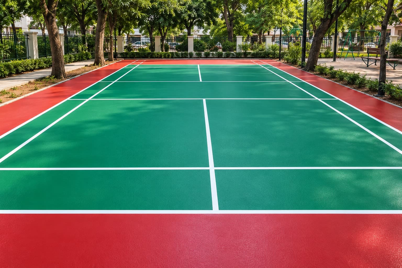 A finished outdoor badminton court with green and red epoxy coating and white line marking, set among trees.