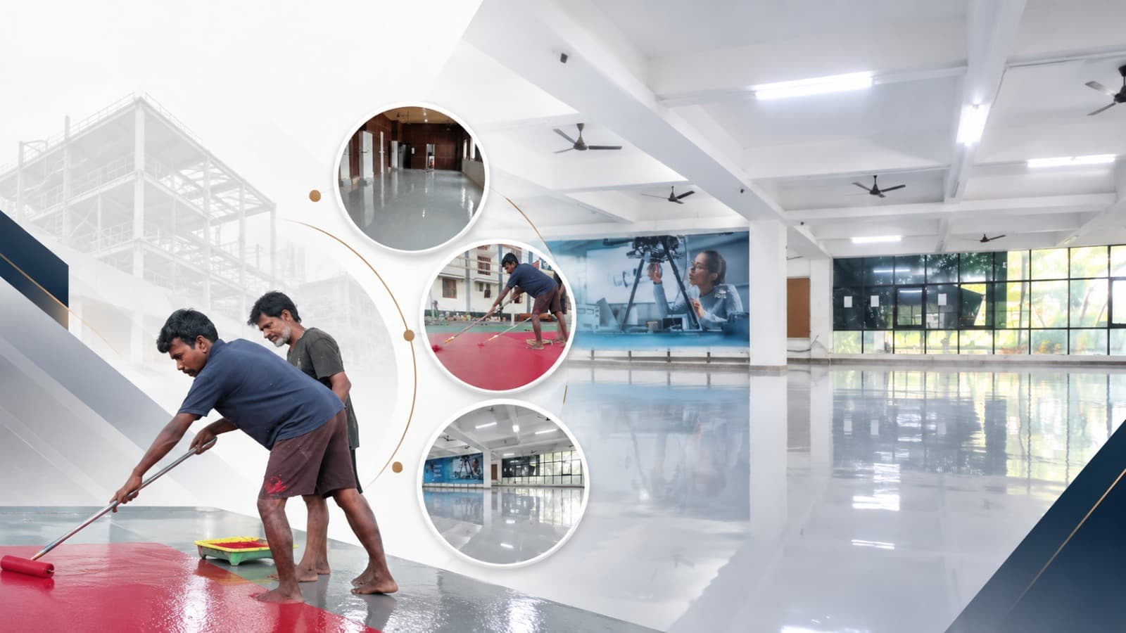 Two workers applying red epoxy coating with rollers, with inset photographs of a finished grey epoxy floor and a wide view of the completed hall.