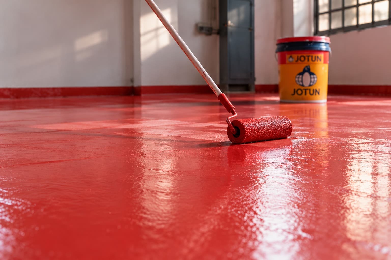 A worker rolling red epoxy coating onto a floor, with a Jotun paint tin standing on the wet surface nearby.