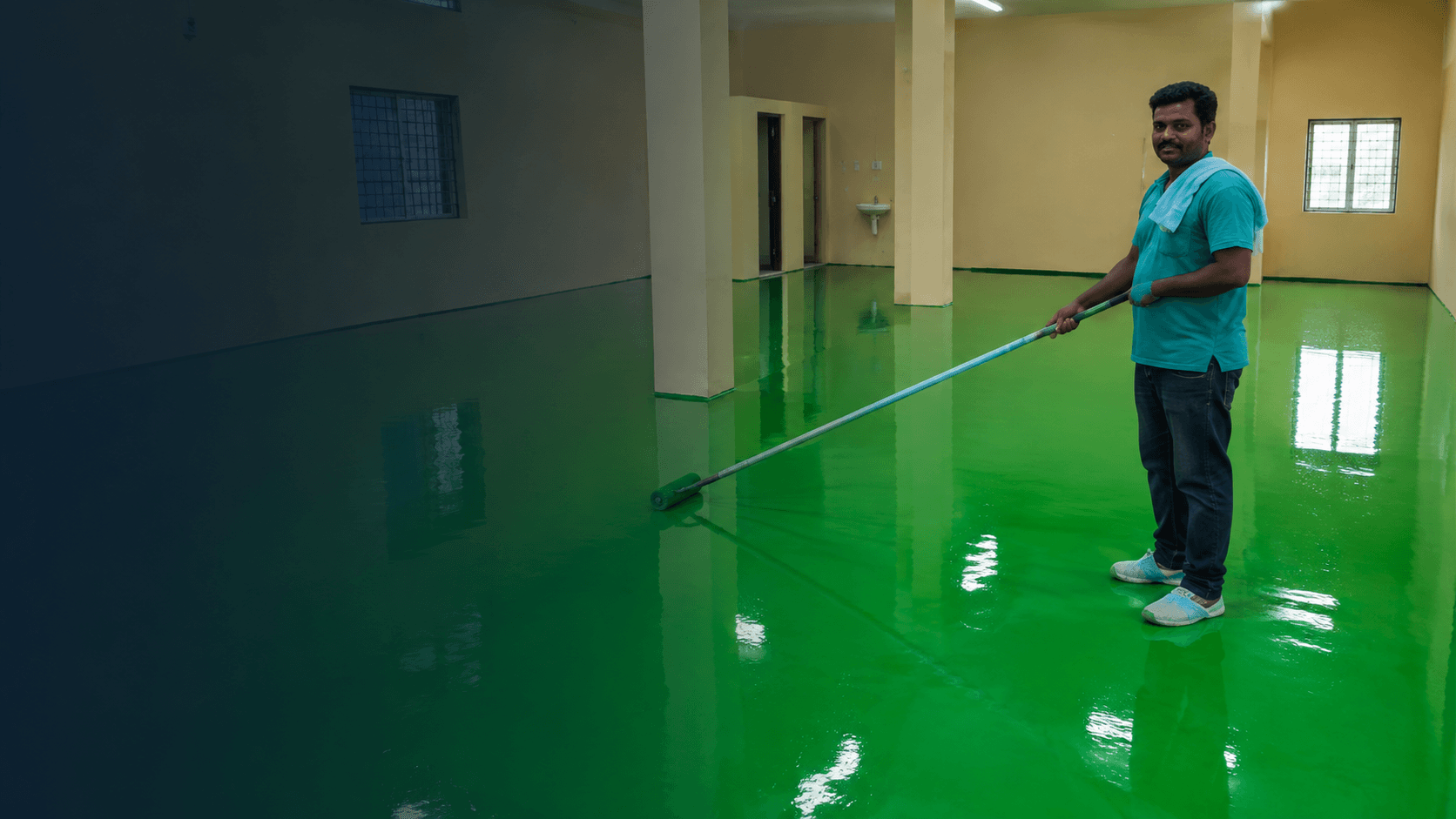 An applicator rolling a bright green epoxy coating across the floor of a newly built hall, the wet surface reflecting the windows and columns around him.